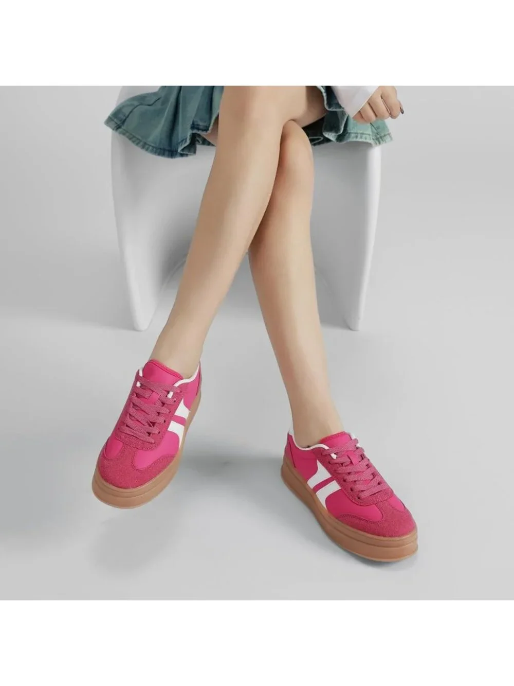 🆕Women's Hot Pink Gum Sole Fashion Sneakers Thick Platform Sole Rubber Shoes